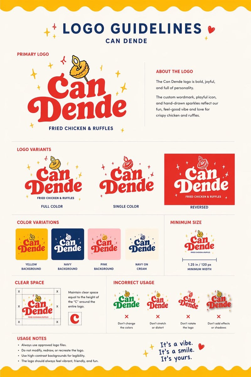 Using the provided reference image as the brand inspiration, transform the fried chicken burger and waffle fries meal into a polished one-page logo guidelines board for a restaurant brand...