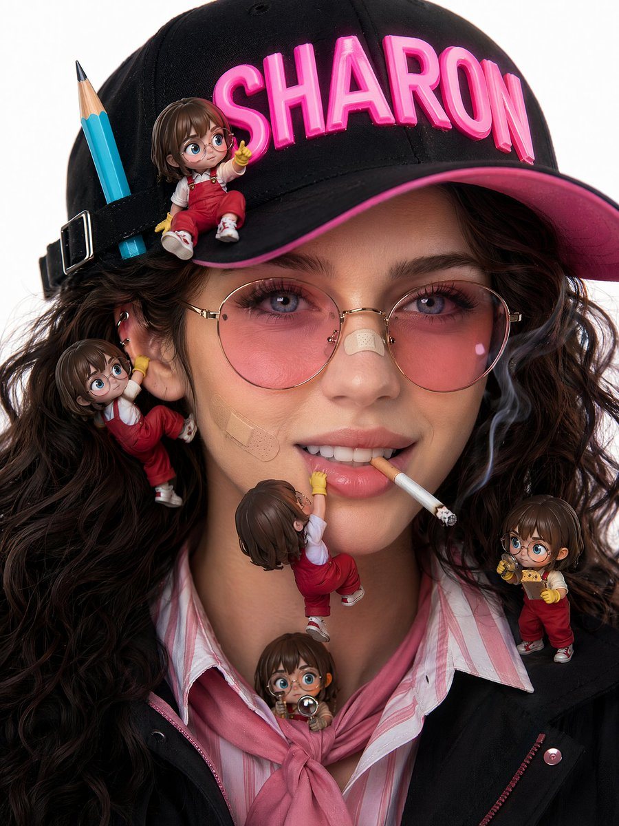 A detailed prompt for creating high-end fashion advertisement portraits featuring a specific character aesthetic and miniature figurines.