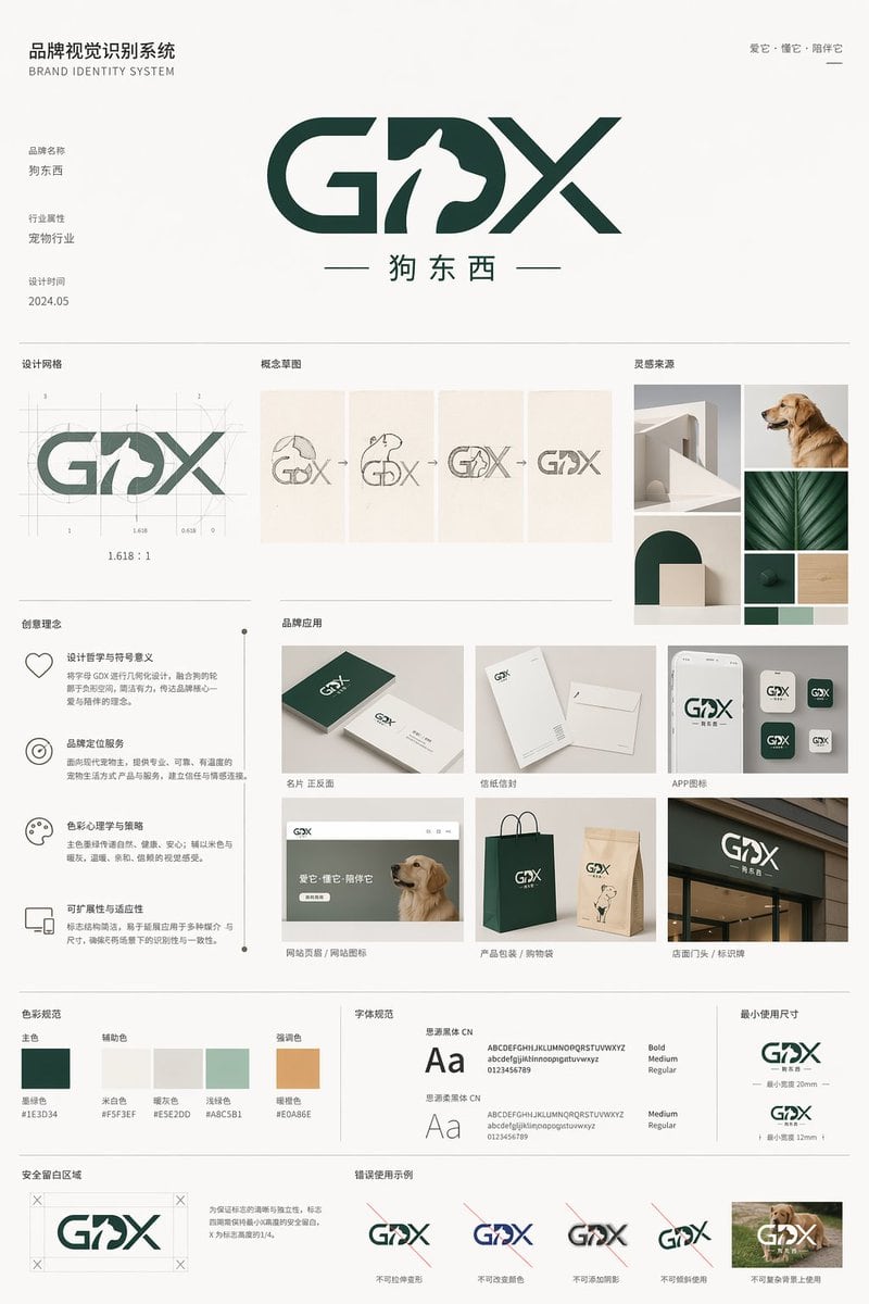 A polished corporate brand guideline board for a pet industry logo, useful for generating logo presentation sheets, branding case studies, and identity system mockups.