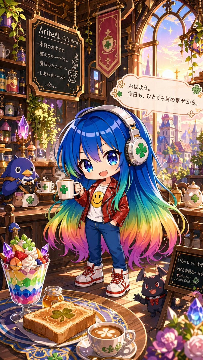 A highly detailed, whimsical anime cafe illustration in a vertical composition, featuring a chibi girl mascot standing at the center of a cozy fantasy coffee shop during golden sunrise. S...