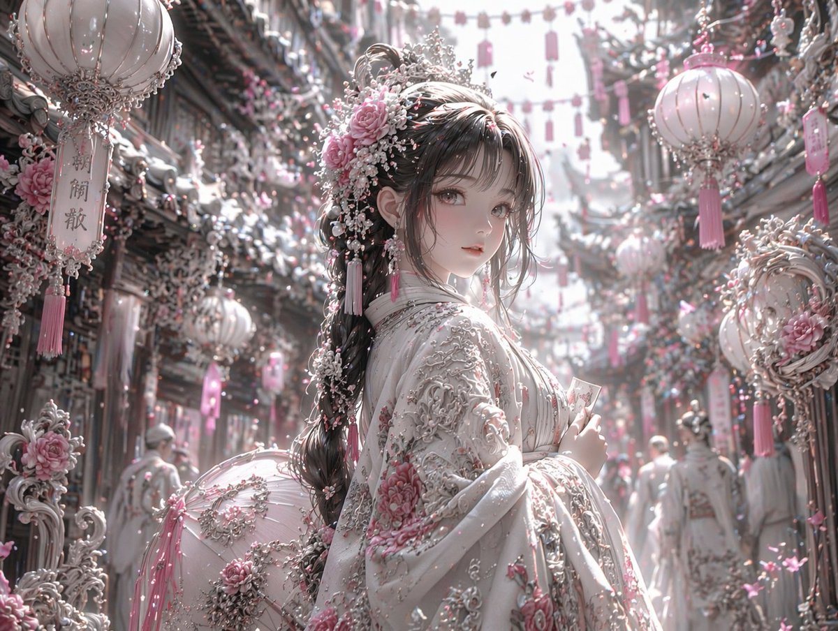 Using REFERENCE_0, transform the image's aesthetic to a highly detailed, ornate fantasy style. Change the entire color palette from warm reds and blacks to pastel pink, white, and silver....