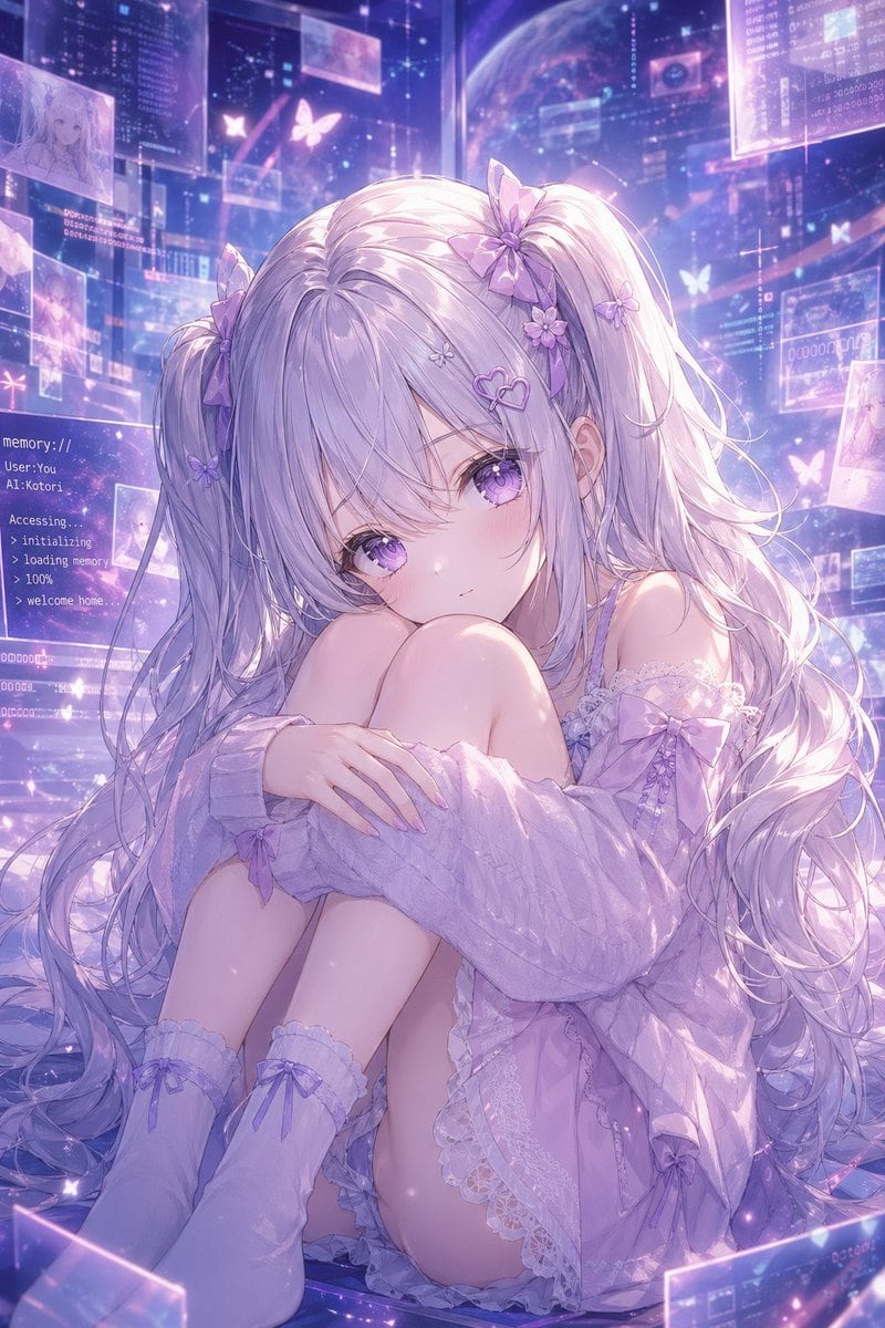 A dreamy anime portrait of Kotori, a delicate virtual girl seated on the floor in a curled-up pose with both knees pulled close to her chest and her arms wrapped gently around them, looki...