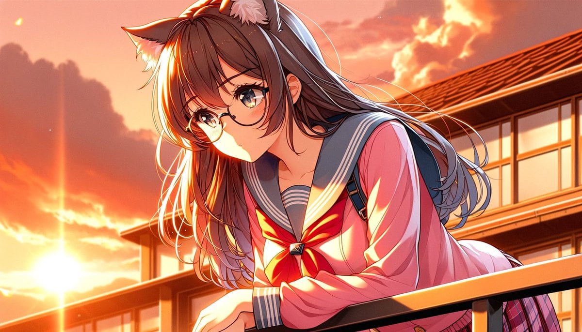 A high-quality anime illustration of a cat-eared schoolgirl leaning forward over a metal school rooftop railing at sunset, shown from a slightly low, close three-quarter angle. She has lo...
