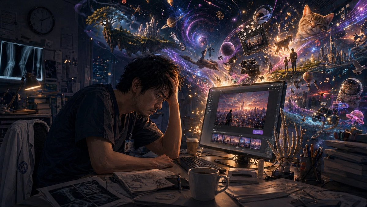This prompt generates a cinematic surreal scene of an exhausted creator at a desk while a storm of beautiful, dark imagination erupts from their computer, ideal for illustrating creative overwhelm or AI-inspired obsession.