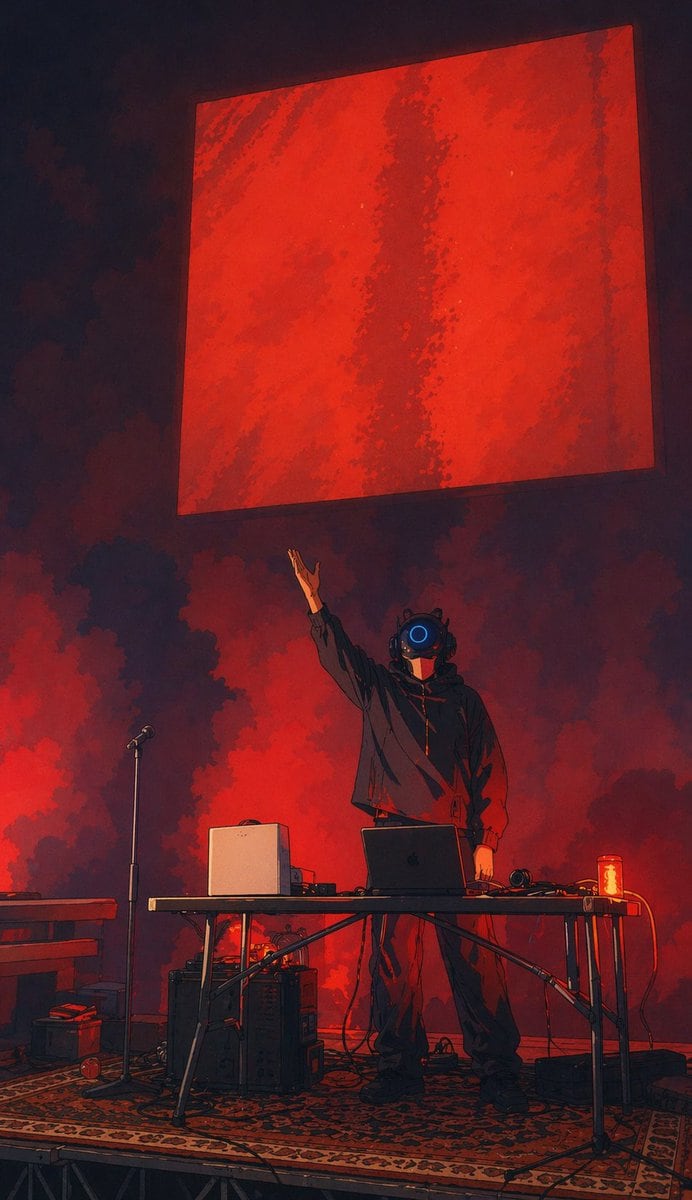 A moody vertical concert-stage illustration in a dark futuristic painterly anime style, showing a lone electronic musician or DJ performing on a small platform. The performer stands cente...
