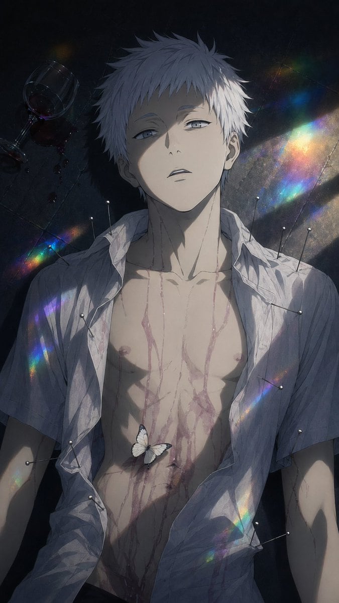 A dark, moody anime-style illustration of a slim young man lying flat on a shadowy floor, shown from above in a vertical composition. He has messy short white hair and a pale body, with h...