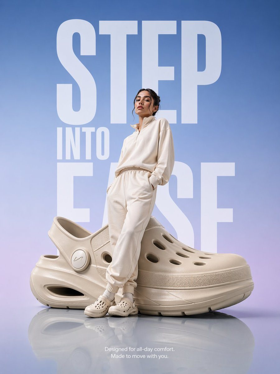 A hyper-realistic premium product advertisement featuring an oversized futuristic comfort clog placed on a smooth glossy reflective floor. A modern model dressed in soft neutral-toned ath...