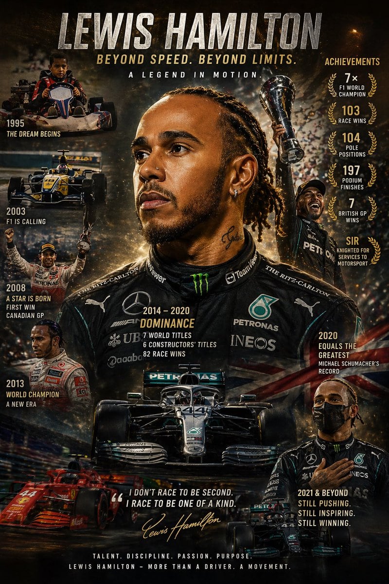 Create a dramatic vertical poster-style sports tribute for Lewis Hamilton, designed like a cinematic legacy montage with a dark, high-contrast, gold-and-black color grade, gritty smoke, s...