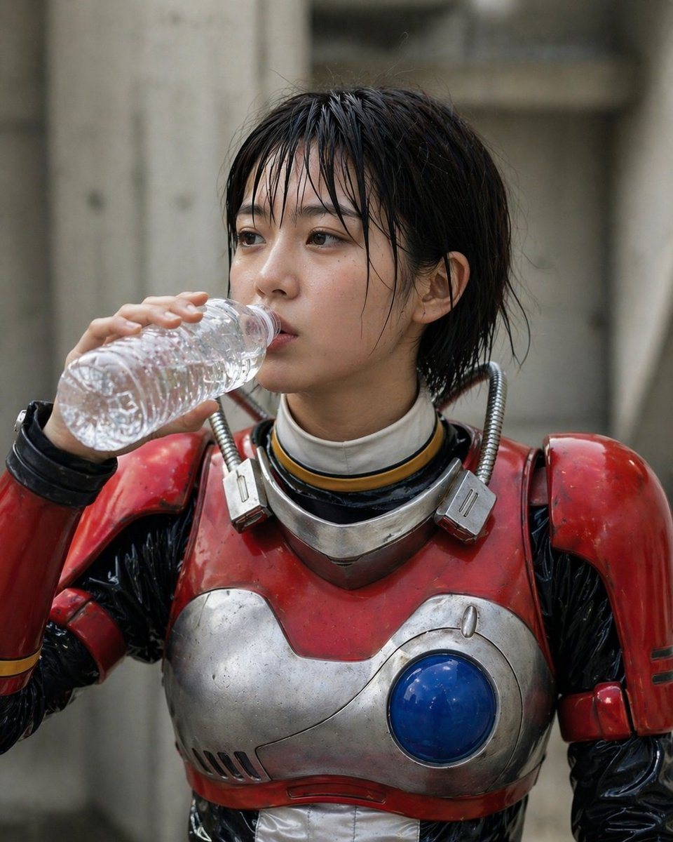 此提示词可生成一张身着磨损复古日本科幻装甲的女性正在喝水的写实抓拍肖像，适用于 Cosplay、特摄或电影感角色摄影。