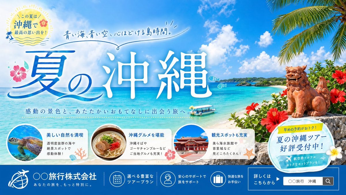 Create a polished Japanese travel agency summer banner ad for Okinawa in a bright, inviting commercial style. Use a wide horizontal layout with a vivid tropical beach scene as the full ba...