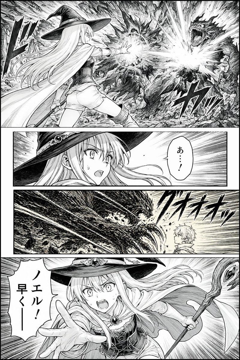 Ready-to-edit black-and-white fantasy manga page image prompt.