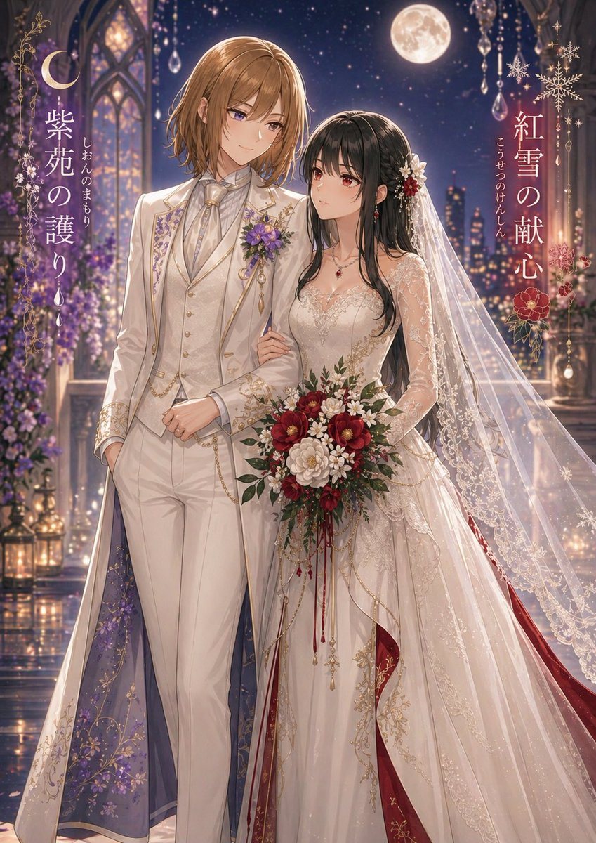 This prompt generates a luxurious anime-style wedding poster of two brides in coordinated fantasy attire, ideal for original character pairings, romance key visuals, or decorative cover art.