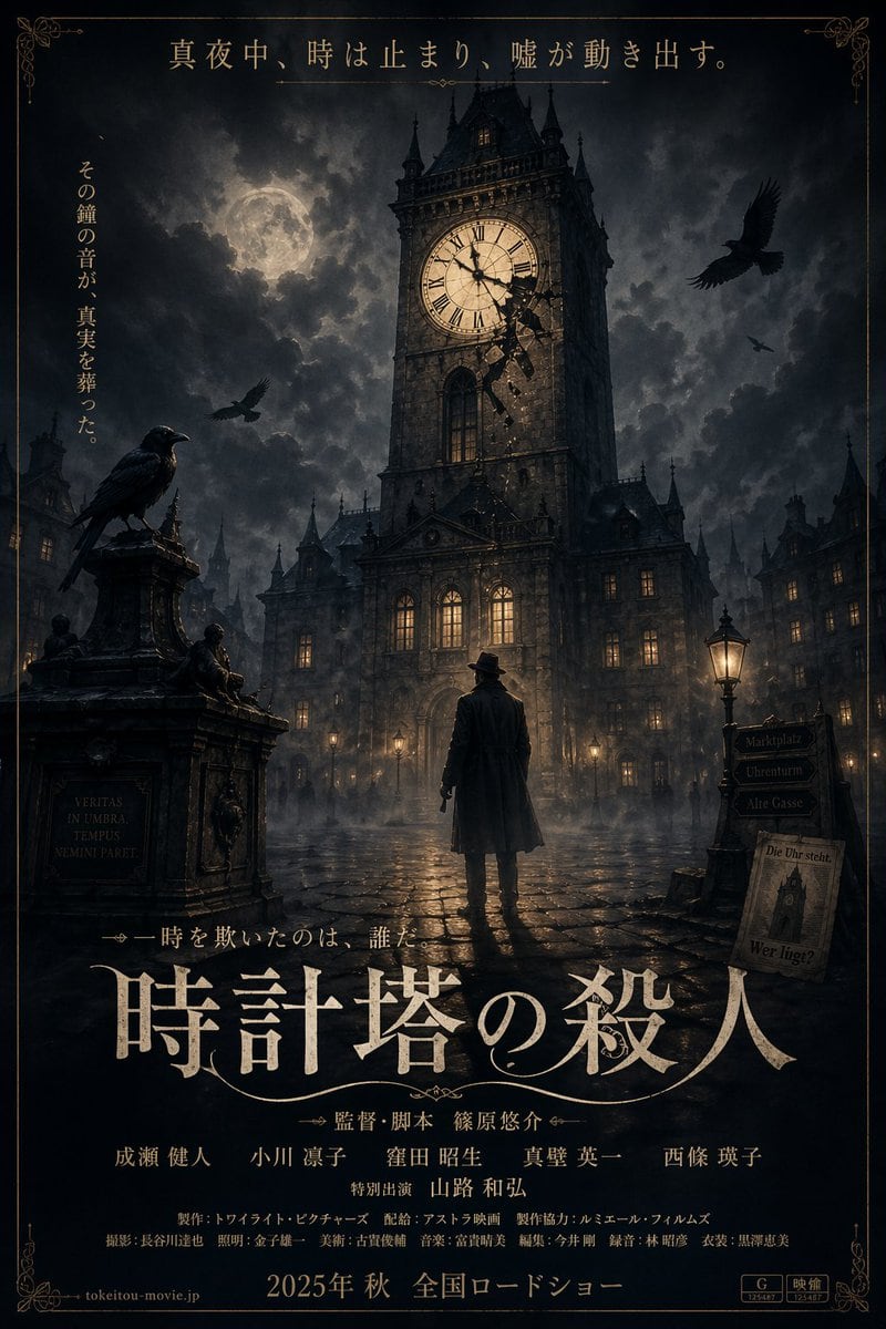 Generates a cinematic movie poster for a dark mystery thriller featuring a detective, a clock tower, and customizable Japanese typography.