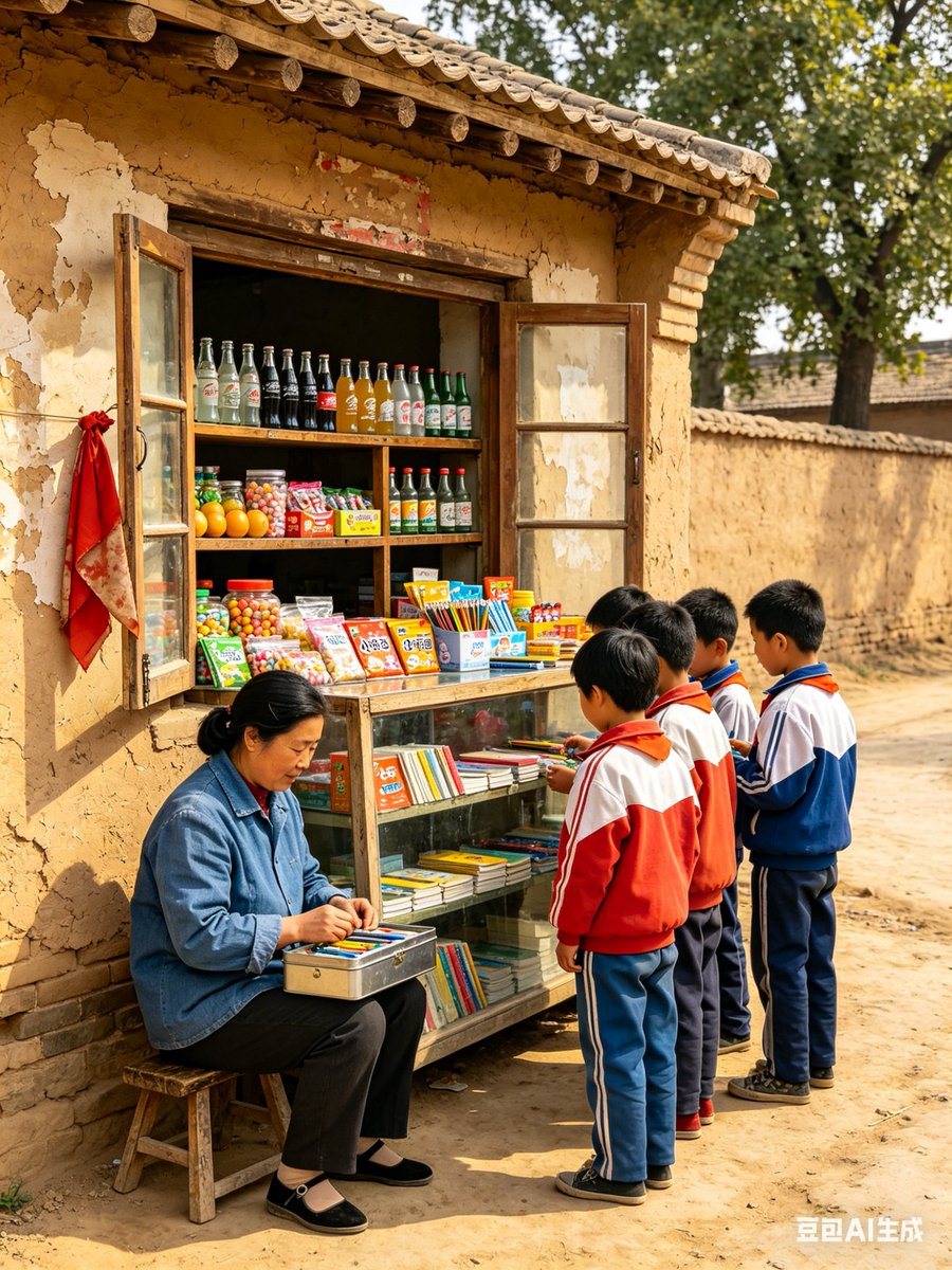 A highly realistic documentary-style photo of a rural Chinese primary school gate-side snack shop in 1998, shot in warm afternoon sunlight. The scene shows an old earthen-walled village s...