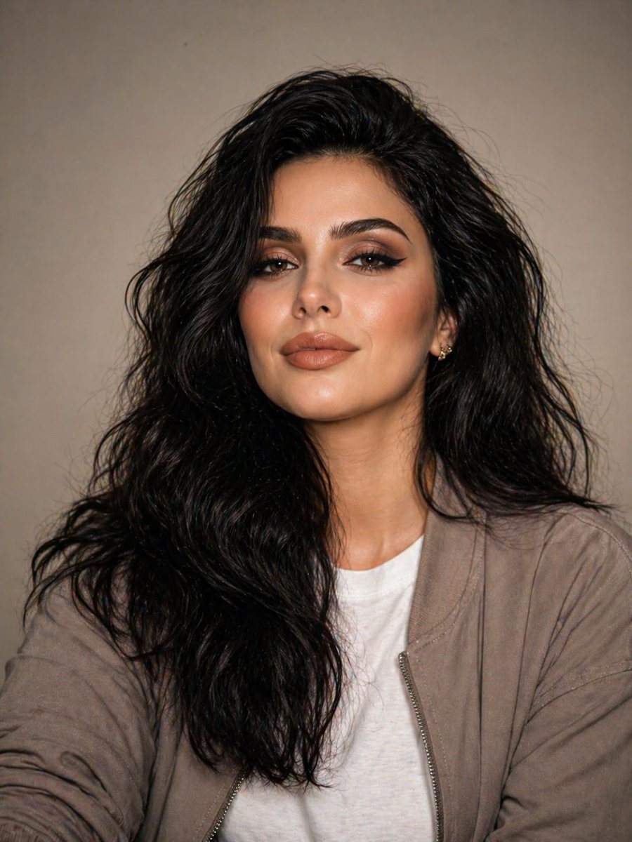 A highly realistic studio portrait of a female in her mid-20s with a naturally fit build, framed from the chest up at eye level, centered against a smooth warm beige studio backdrop with...