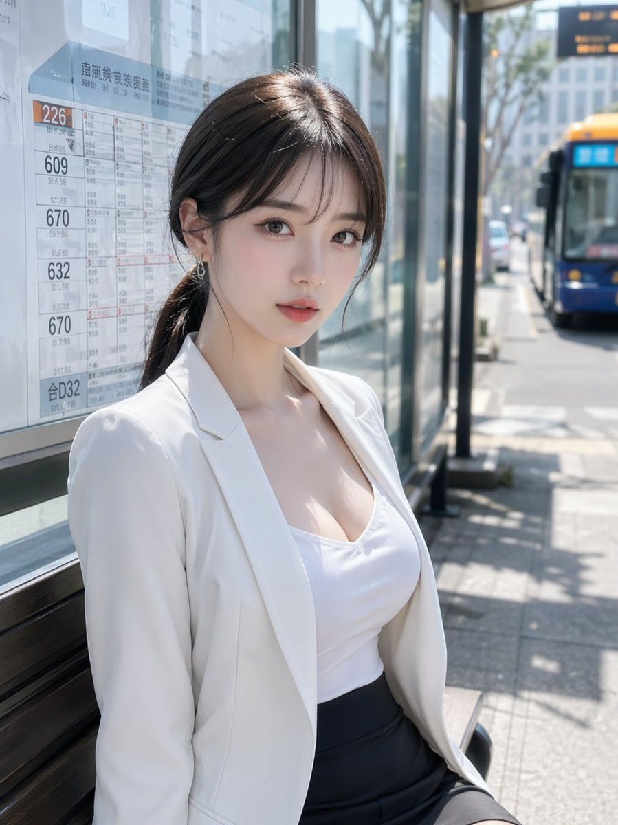 This prompt generates a realistic vertical street portrait of a stylish young woman seated at a sunlit Japanese bus stop, suitable for lifestyle, fashion, or urban commuting imagery.