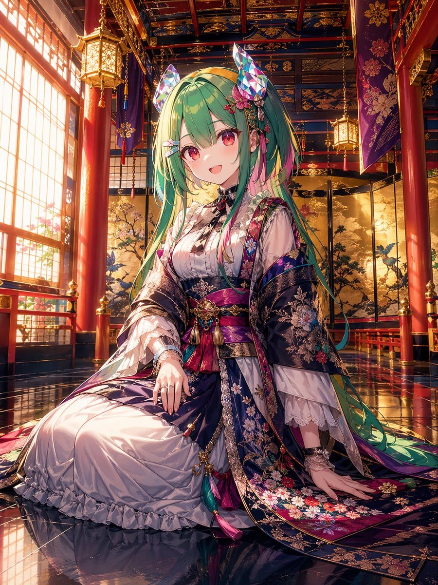 A highly detailed anime-style portrait of a seated shrine maiden princess in an opulent traditional Japanese palace interior, centered in a vertical composition. She is a young woman with...