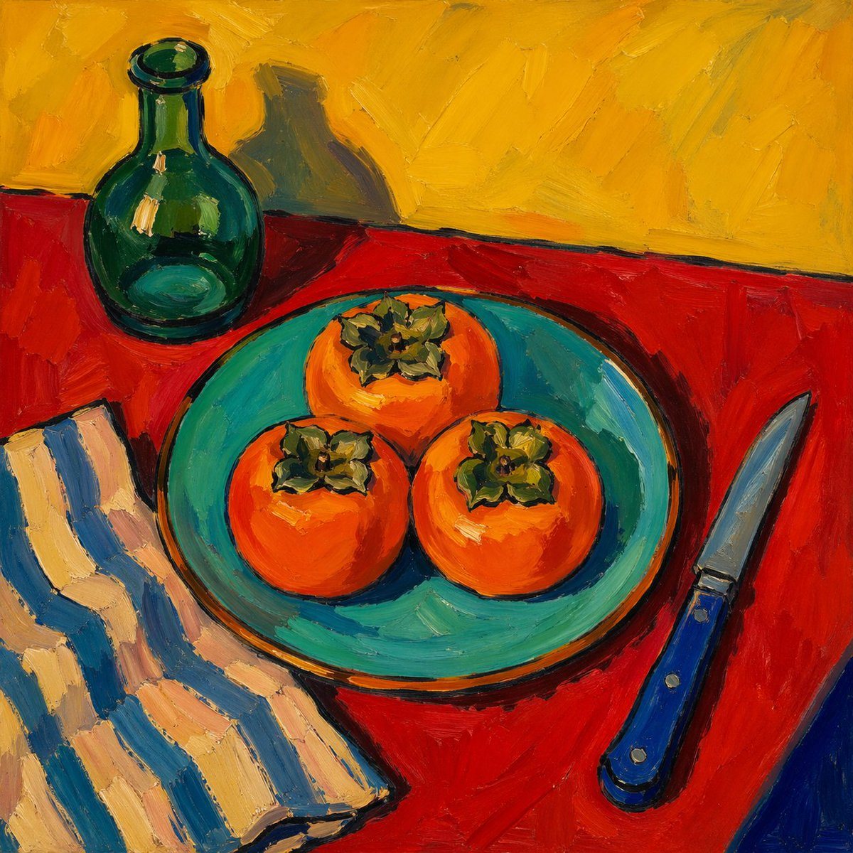 A bold post-impressionist still life painting in thick impasto oil brushstrokes, viewed from slightly above. Center a round turquoise plate holding exactly 3 bright orange persimmons with...