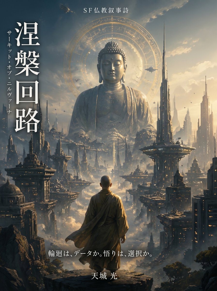一个融合了佛教元素的科幻小说封面创意提示词。