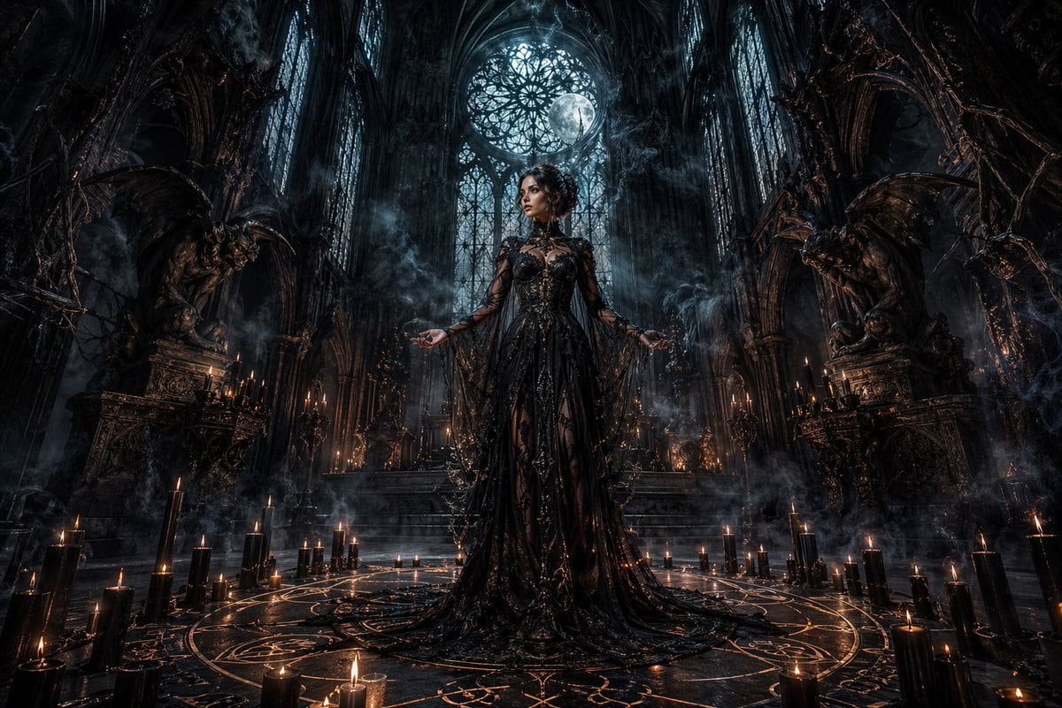 A cinematic dark fantasy scene inside a vast gothic cathedral at night, centered on a mysterious woman in a floor-length black ceremonial gown standing in the middle of a glowing occult c...