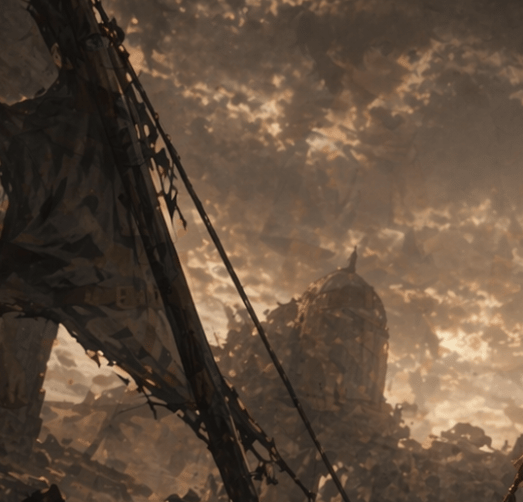 A moody post-apocalyptic cinematic landscape at dusk, painted in a dark sepia and amber palette, showing the ruins of an industrial or urban structure beneath a turbulent sky filled with...