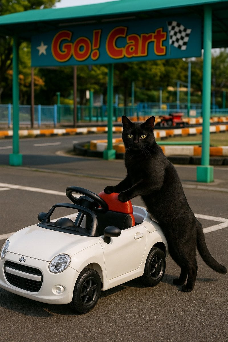 A realistic photograph of a black cat standing on its hind legs, with its front paws resting on the red seat of a small, white toy convertible car. The scene takes place at an outdoor go-...