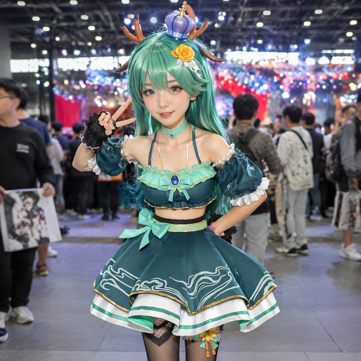 Photorealistic portrait of a female cosplayer at a crowded anime convention hall. She has long teal hair, heterochromia, one blue and one amber eyes, and wears deer antlers and a small pu...