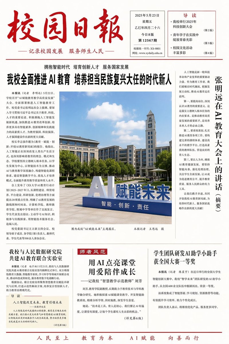 一个旨在生成以 AI 教育为主题的校园报纸排版的提示词,旨在展示该模型在文本渲染方面的能力。