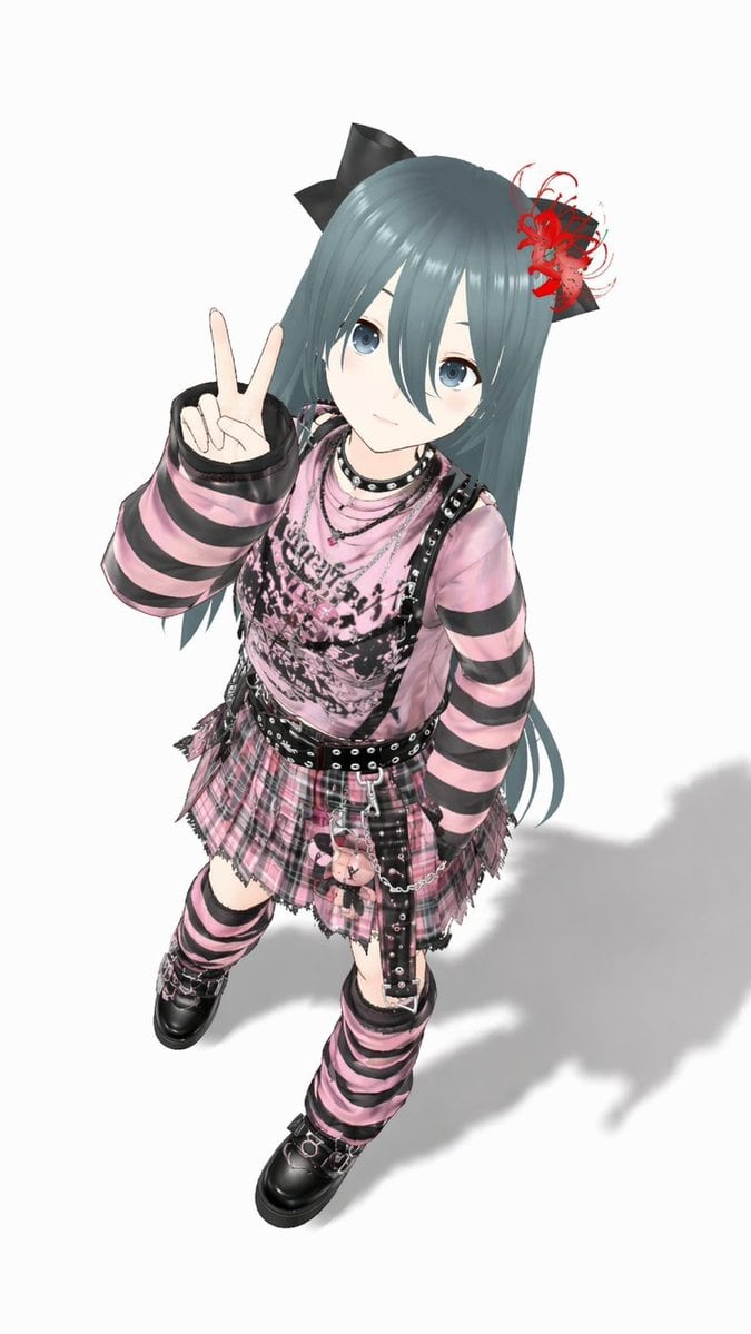 A full-body anime-style 3D virtual idol girl viewed from a high angle, standing on a plain light gray studio background with a soft cast shadow to the lower right. She has long straight b...