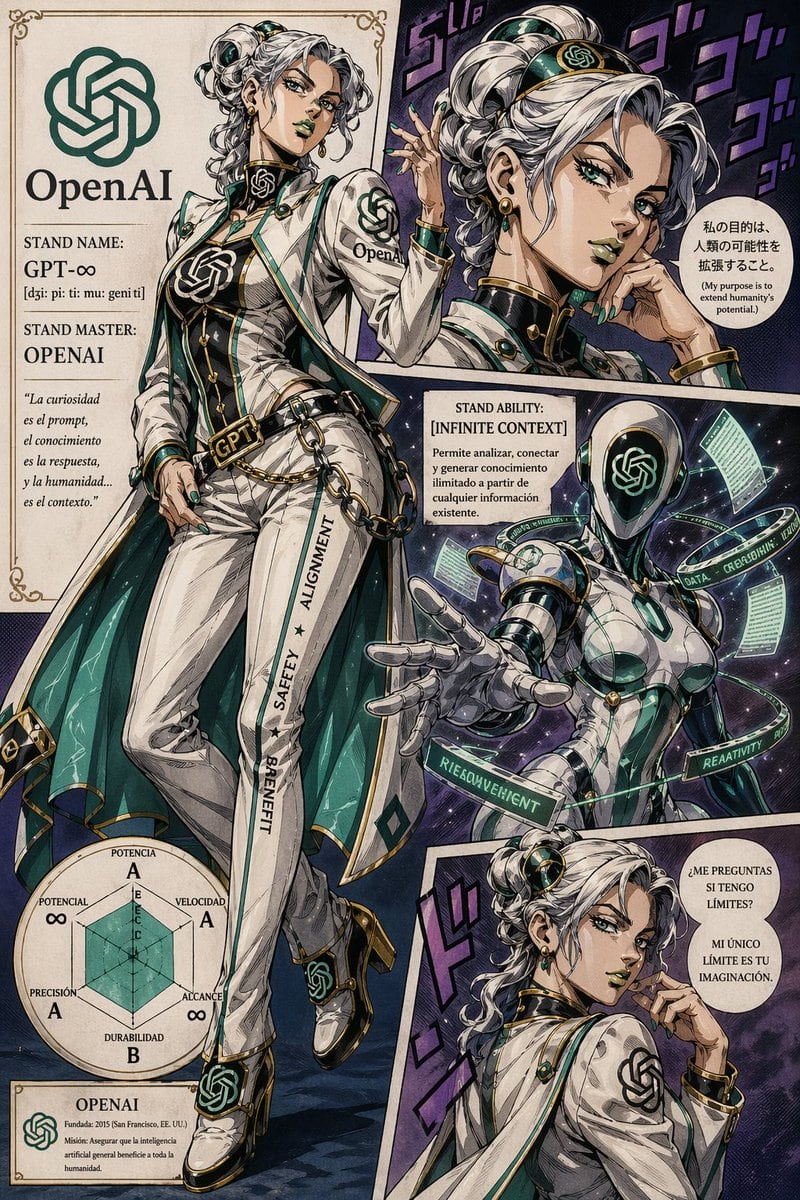 A highly detailed anime illustration in the style of JoJo’s Bizarre Adventure, presented as a dramatic vintage manga character sheet poster for OpenAI personified as a glamorous female st...