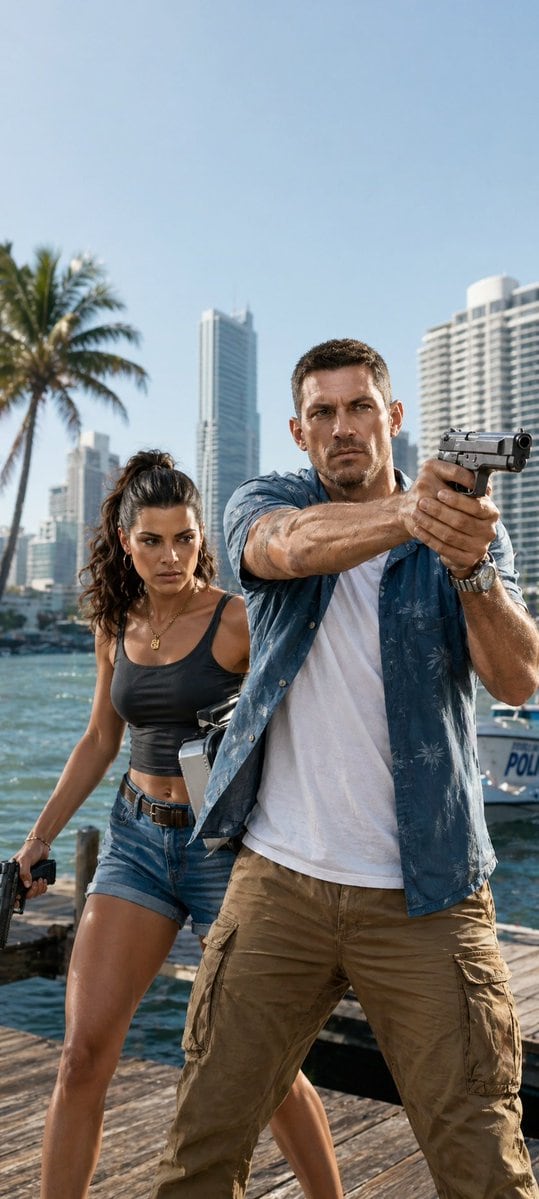 A cinematic action movie still on a sunny waterfront dock in Miami, shot in a vertical composition. In the foreground, a tough athletic man in his 30s stands in a wide defensive stance, a...