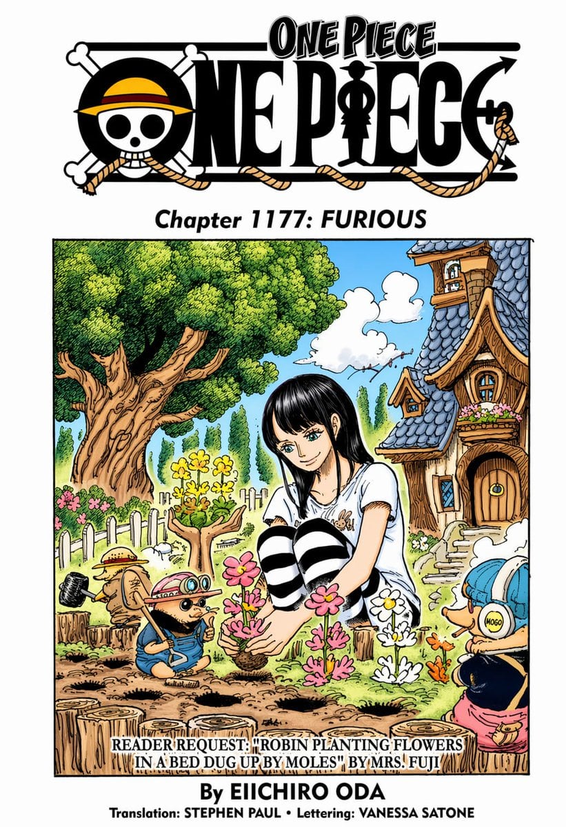 此提示词可生成一张彩色的《海贼王》漫画风格章节页，包含 Logo、章节标题、制作人员名单，以及以罗宾种花为主题的奇幻花园插图。