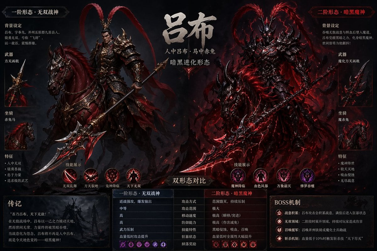 一个基于历史人物吕布设计的游戏 Boss 角色提示词，包含其坐骑与武器，展现黑暗进化后的双形态对比。