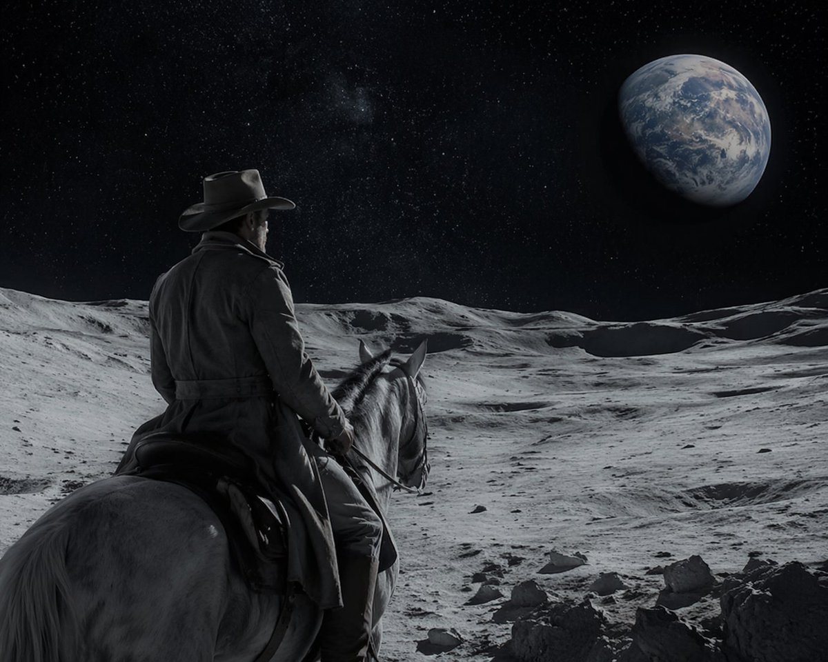 A cinematic, highly realistic image of a cowboy riding a white horse on the surface of the moon. The figure is seen from behind, wearing a classic hat and a long duster coat, looking out...