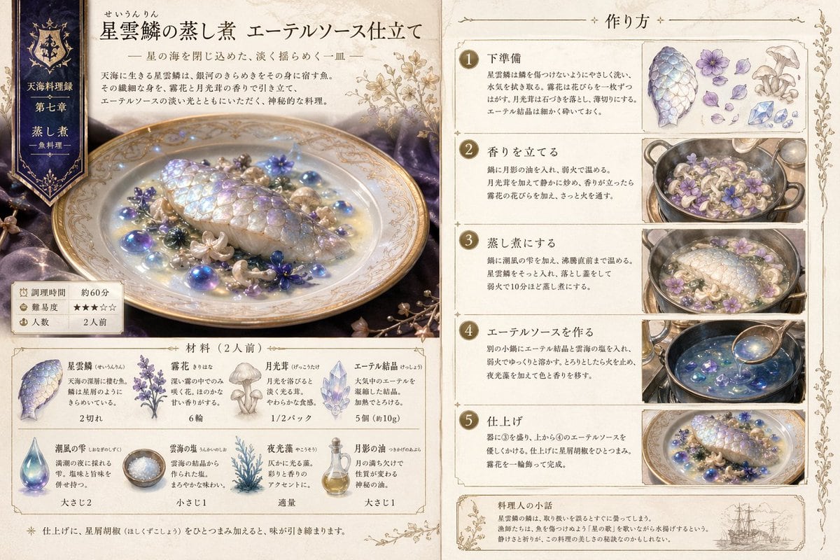 一份详细的提示词，用于创作虚构奇幻世界菜肴的插画或摄影风格食谱，包含烹饪步骤及精美的排版设计。