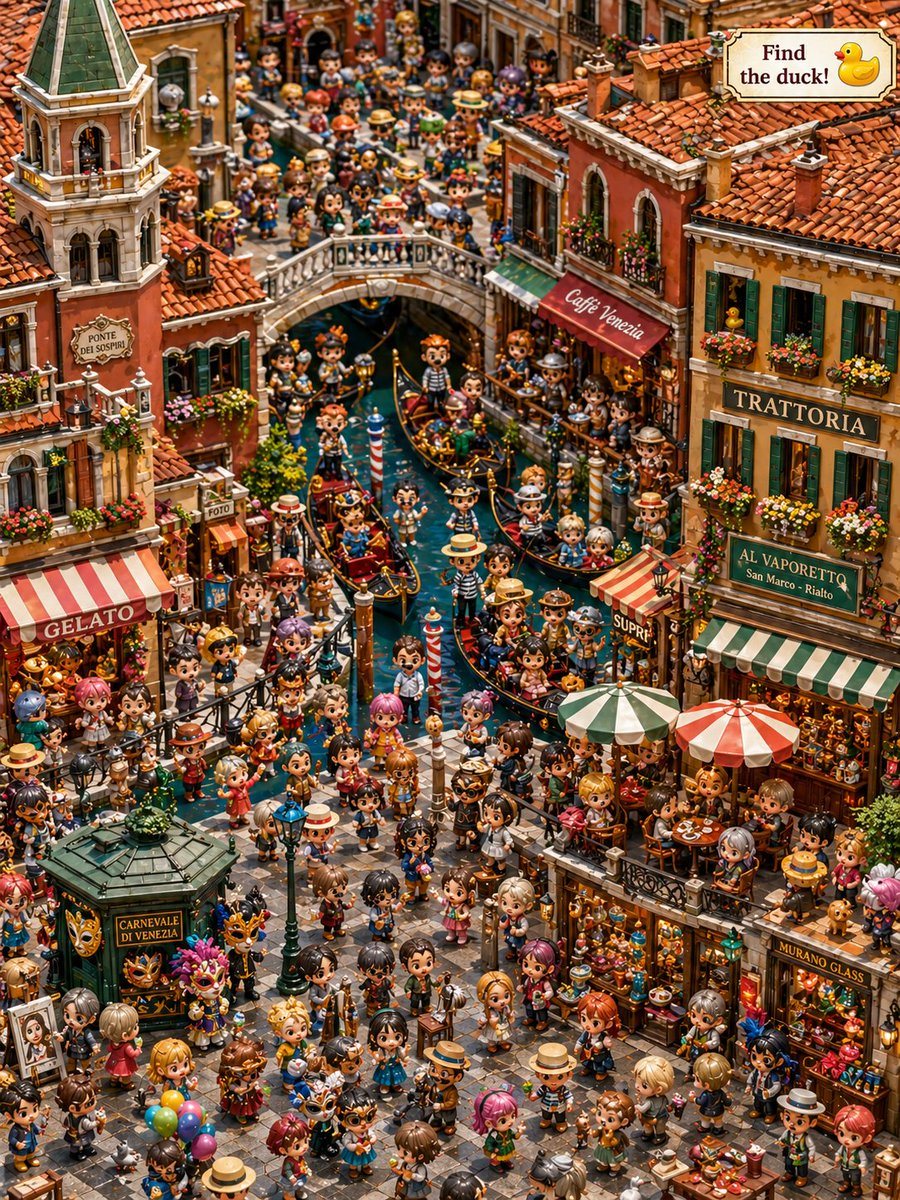 A dense whimsical Venice hidden-object illustration packed with chibi tourists, gondolas, shops, and one tiny duck, ideal for travel-themed puzzle art or social media games.