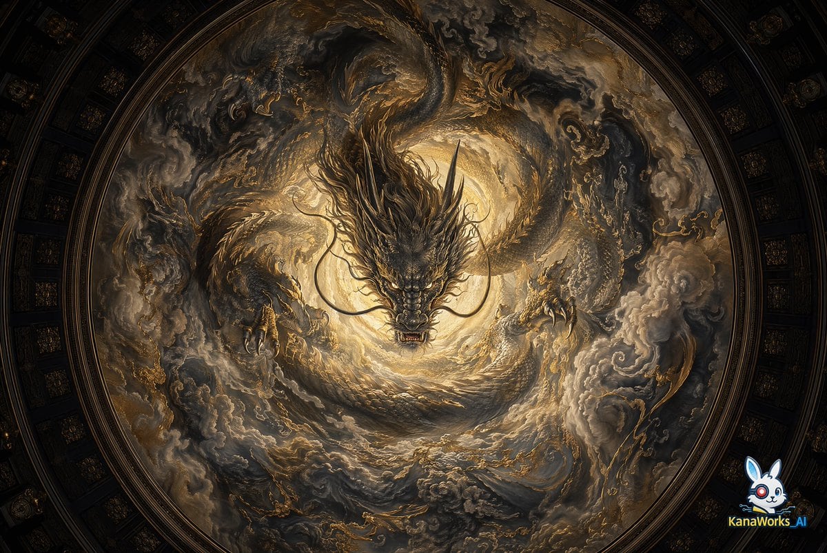 A museum-grade, high-end mural inspired by the “Crying Dragon” of Nikko Toshogu Shrine, painted on a circular dome ceiling. The composition is strictly centered, viewed from a worm’s-eye...