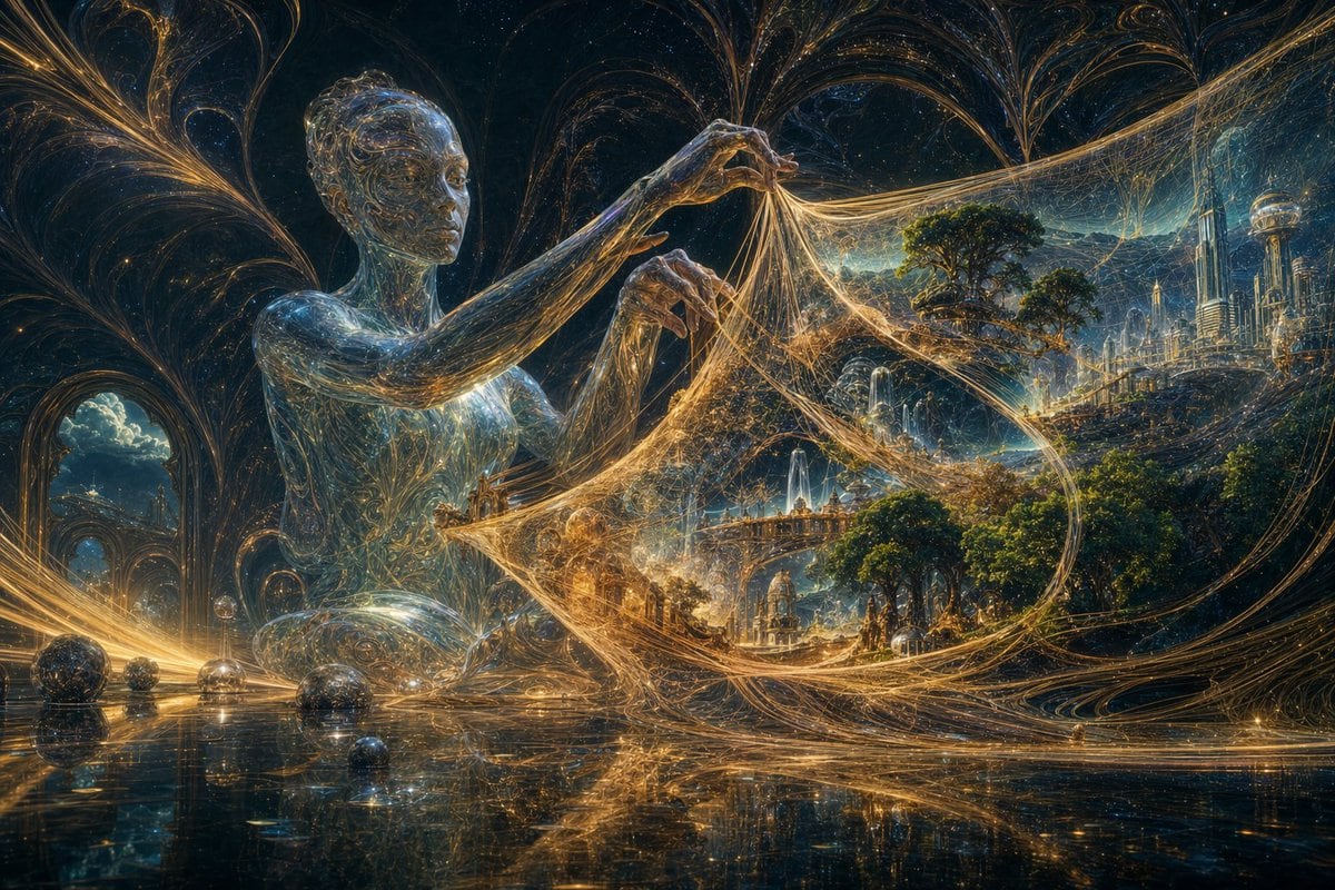 A monumental cosmic fantasy scene in ultra-detailed cinematic digital art: a giant seated humanoid figure made of transparent glass and liquid crystal occupies the left-center of the comp...