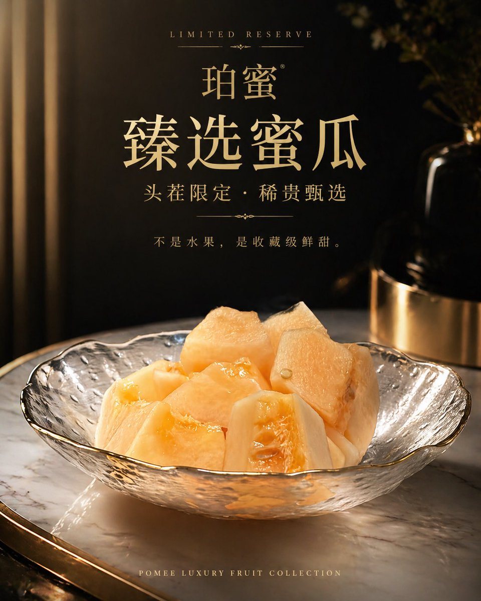 Using the provided reference image of the melon slices in a glass bowl, transform it into a premium luxury product advertisement poster. Keep the same fruit and bowl as the hero subject,...