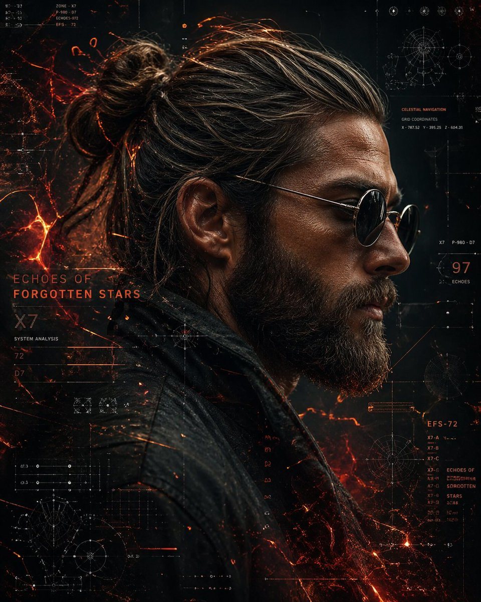 A cinematic side-profile portrait of a rugged man with a tied-back bun and full beard, wearing round dark sunglasses and a textured leather jacket. His skin is detailed and slightly weath...