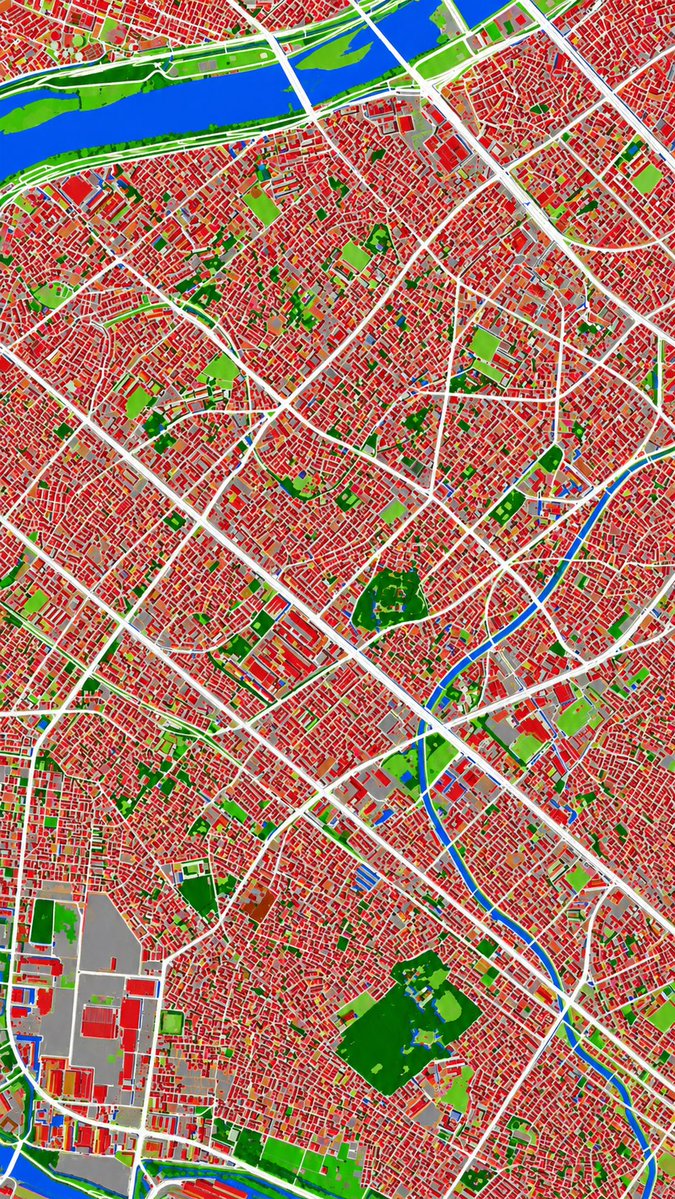 Using REFERENCE_0 as the source geography and urban layout, transform the monochrome historical aerial photo into a clean land-cover classification map using the false-color visual langua...