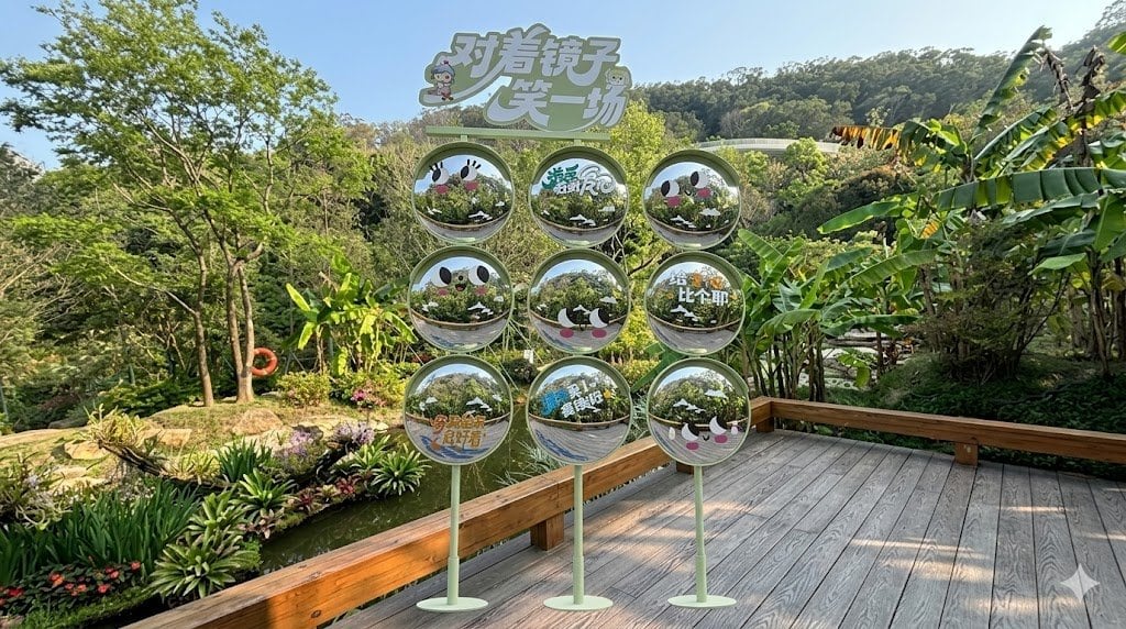 Using the provided reference image, keep the same garden, pond, trees, hillside, and wooden deck viewpoint, but reposition the decorative sign installation so it stands on the wooden deck...