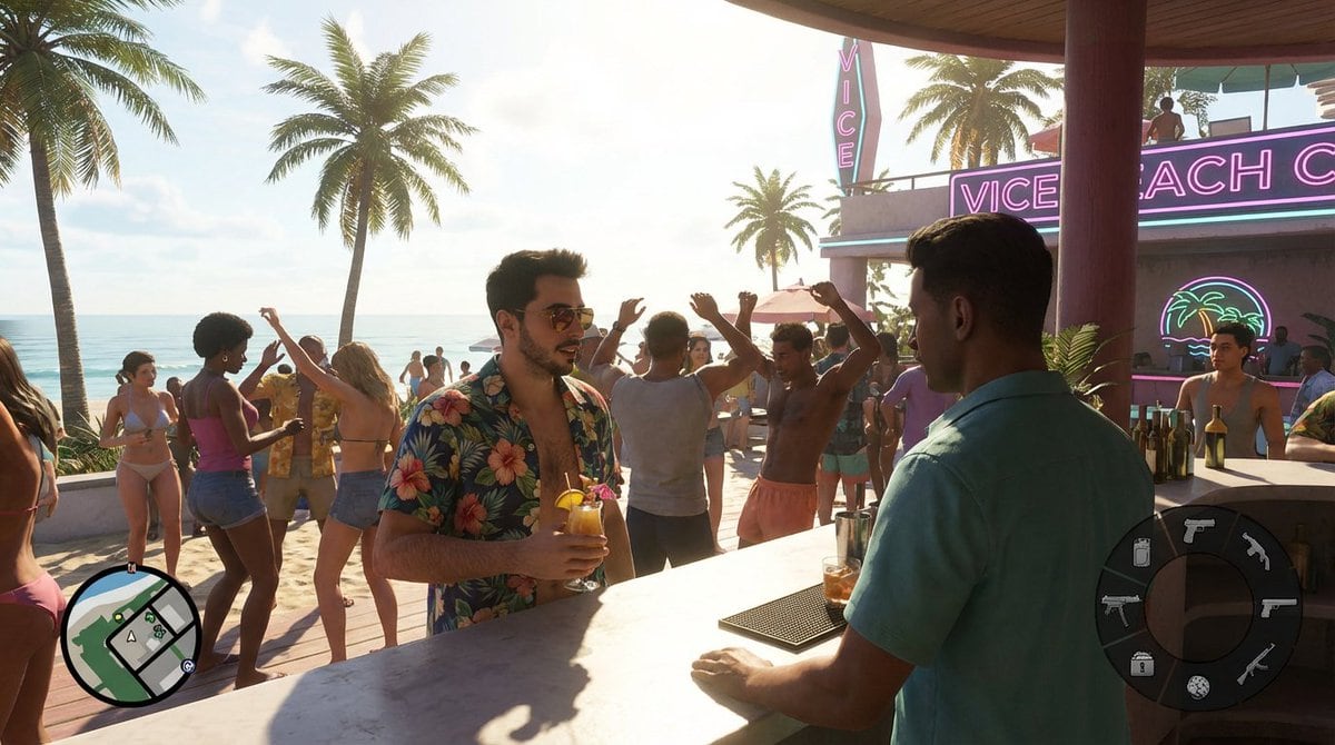 Create a hyper-realistic open-world crime-game gameplay screenshot inspired by a modern Miami-style beach city, showing a stylish young man with short dark hair, trimmed beard, aviator su...