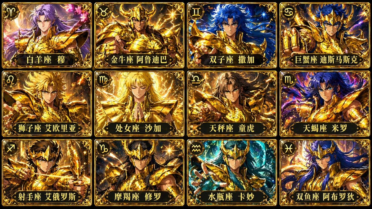 A prompt to generate a 12-card grid featuring the Gold Saints from Saint Seiya, including their Chinese names and a specific 16:9 layout.
