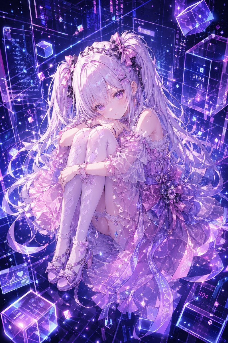 A highly detailed anime-style full-body character portrait of Hermes, a delicate futuristic girl sitting curled up with her knees hugged to her chest, gazing softly at the viewer with a c...