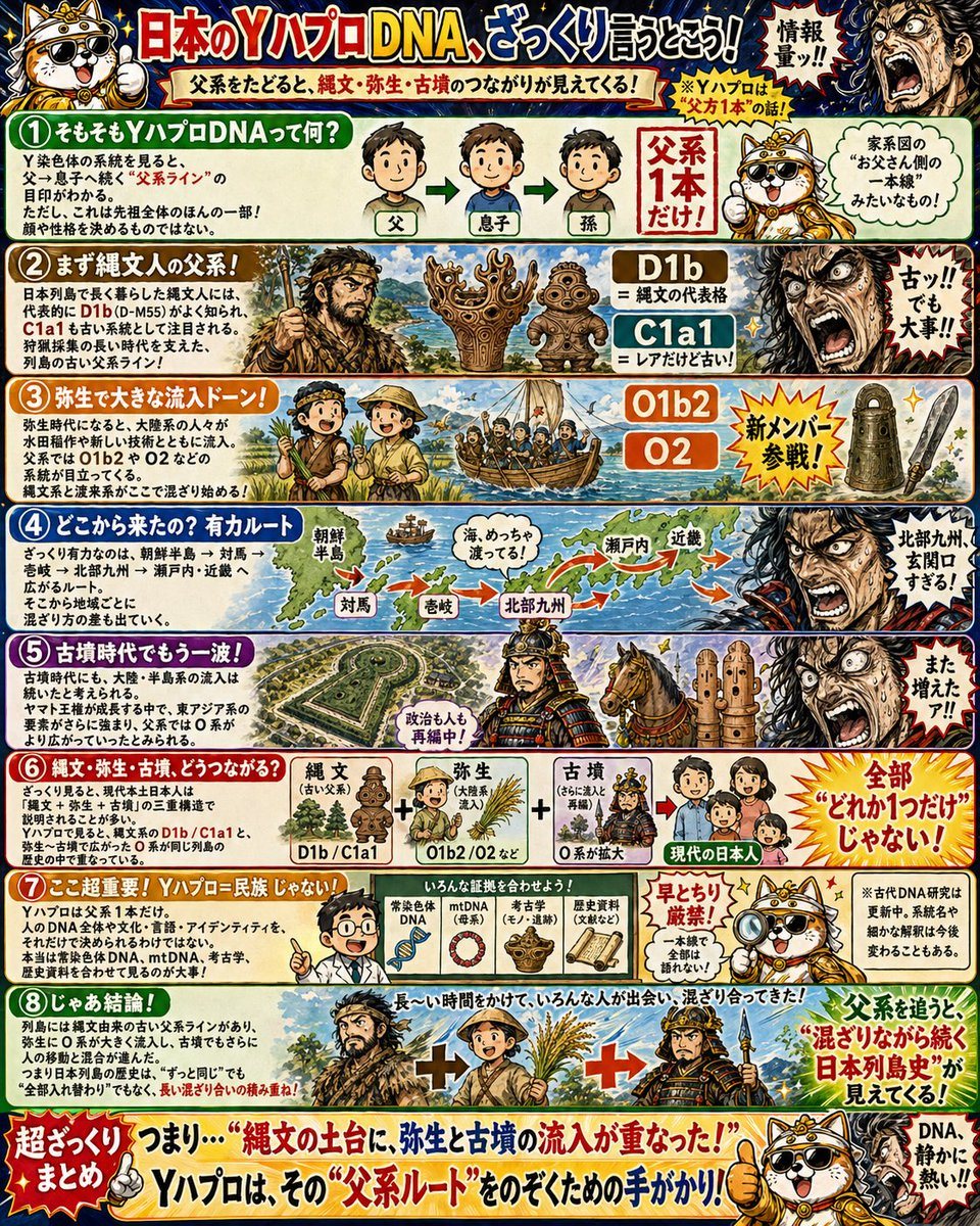 A dense manga-style educational poster for children that explains Japanese paternal-line DNA history across Jomon, Yayoi, and Kofun periods with maps, diagrams, artifacts, and a recurring dog mascot.