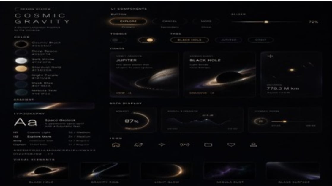 Ready-to-edit futuristic glassmorphism UI design system board image prompt.