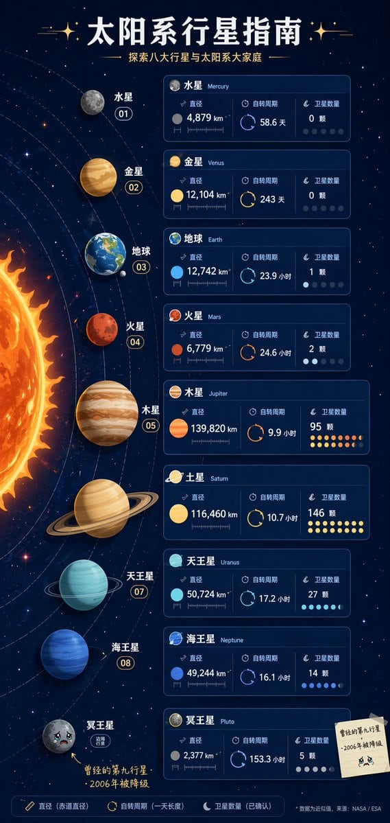 一个用于制作太阳系垂直信息图海报的复杂提示词,包含特定的数据卡片以及冥王星的个性化描述。