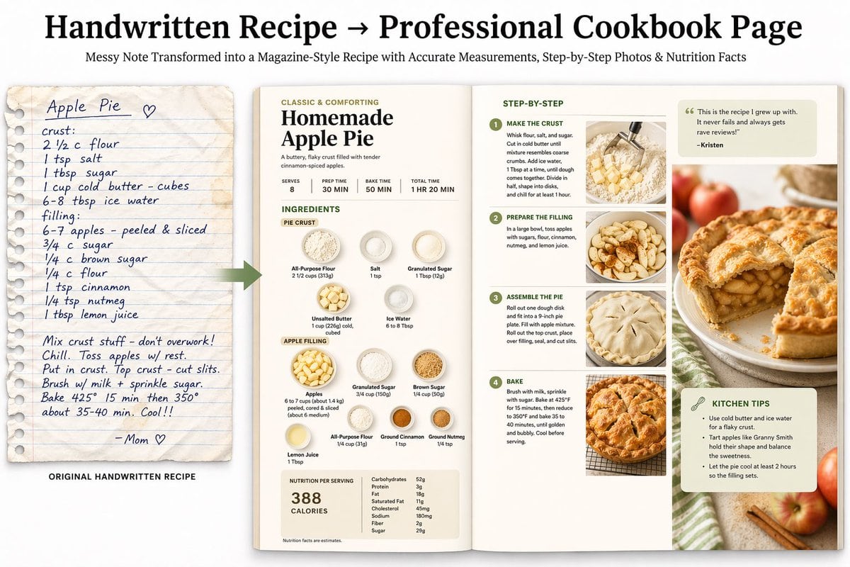 Handwritten Recipe → Professional Cookbook Page Upload a messy handwritten family recipe; the model searches for accurate modern measurements/nutrition, then generates a polished, magazin...