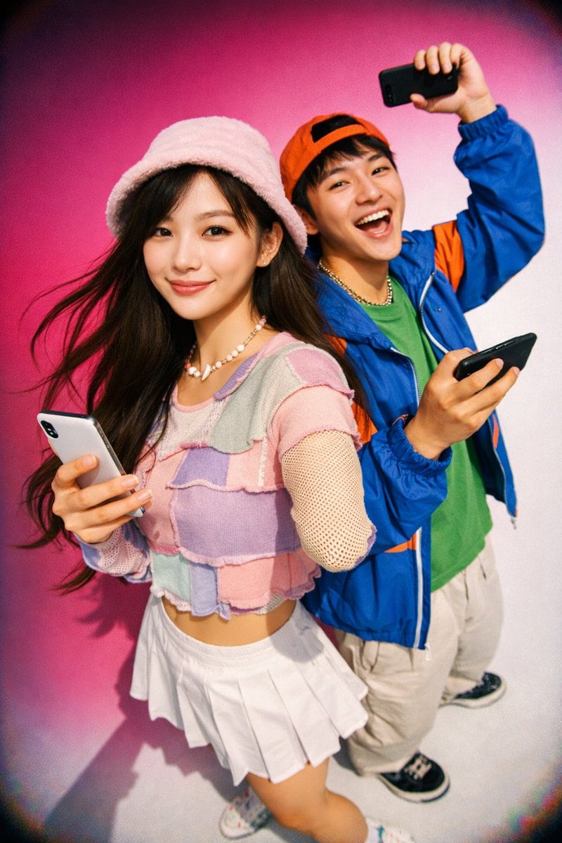 A vibrant, high-contrast Y2K fashion photography shot of two young East Asian adults. In the foreground, a young woman smiles softly at the camera, wearing a fuzzy pink bucket hat, a past...